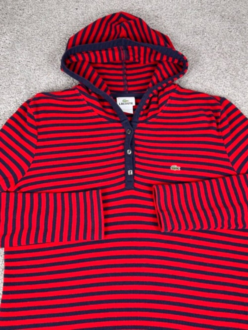 Lacoste Thermal Shirt Hoodie Waffle Knit Women's Size 42 XL Red Blue Striped